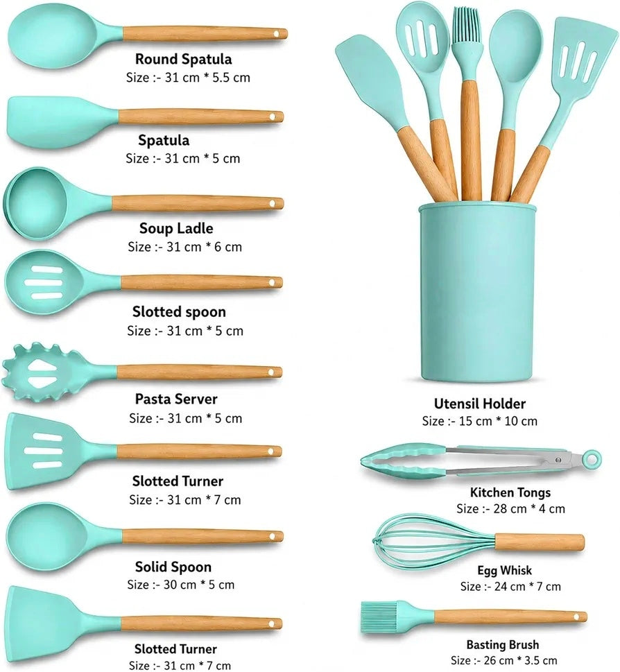 Premium 12-Piece Silicone Cooking Utensils Set with Natural Wood Handles
