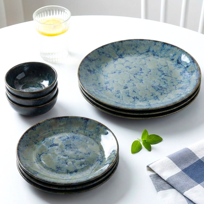 Ocean Blue Reactive Glaze Ceramic Dinner Plate Set