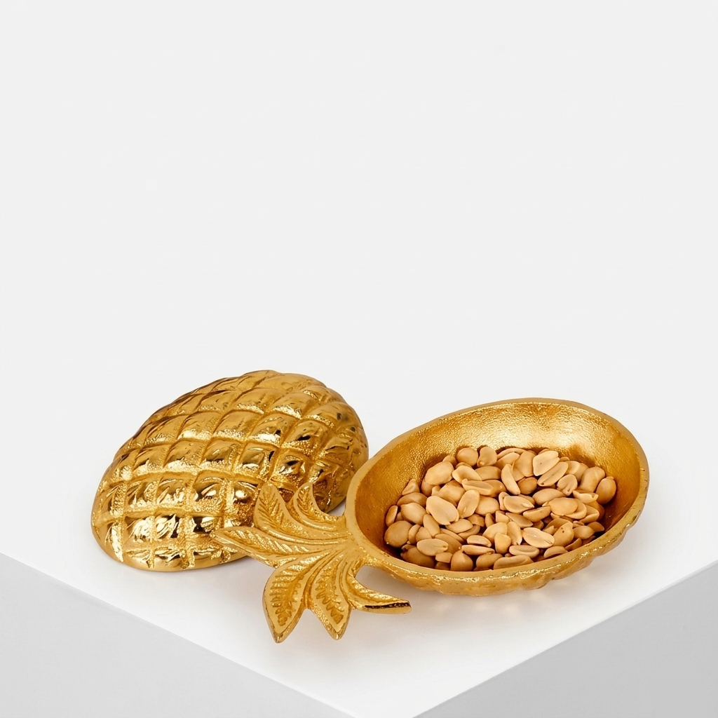 High-angle, professional product photograph of an ornate, two-piece golden pineapple-shaped server resting on a clean white pedestal. The right half of the split pineapple is a textured bowl filled with blanched peanuts, featuring a detailed golden frond leaf handle. The left half of the split pineapple is the matching textured ornate pineapple lid, resting slightly to the side. The overall presentation is against a seamless white background.