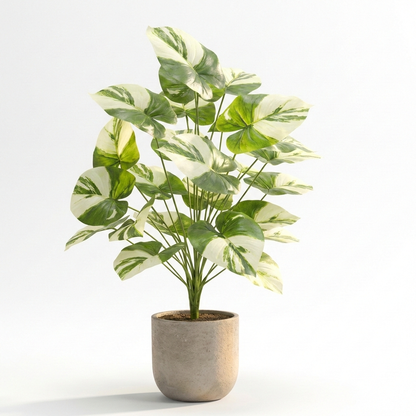 High-resolution 8k professional photograph of a 70cm artificial indoor plant featuring 24 vibrant green and white variegated leaves on a solid white background